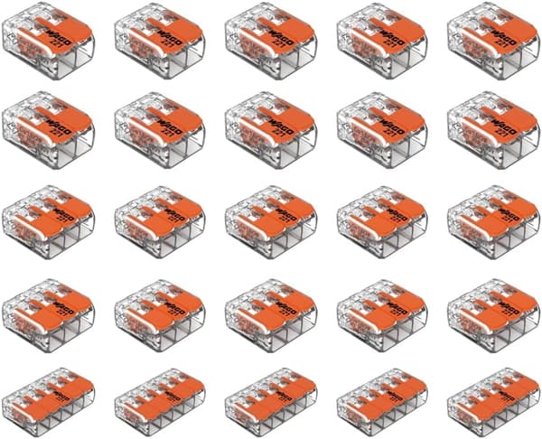 Wago type 221 ledningstilkoblinger med 2 pinner, 3 pinner og 5 pinner er egnet for alle ledningsstørrelser fra 12 til 24 AWG