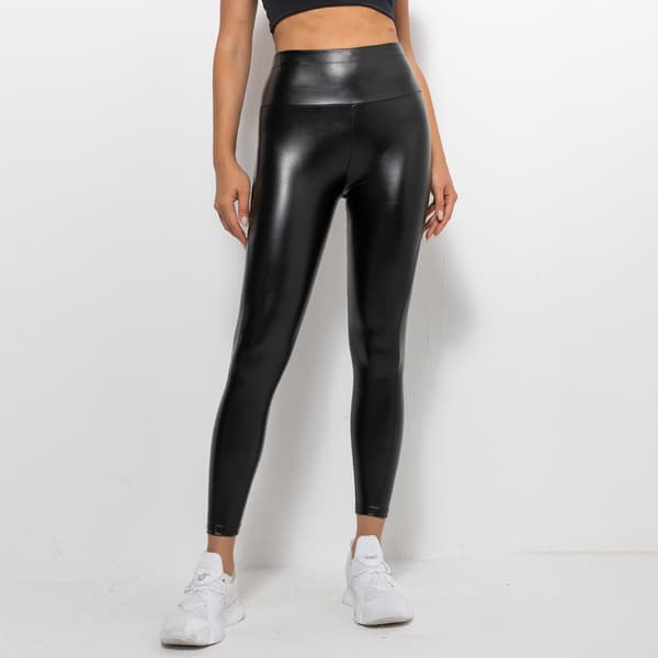 Dame Faux Leather Leggings med Magekontroll, PU Stretch-bukser Yoga Tights
