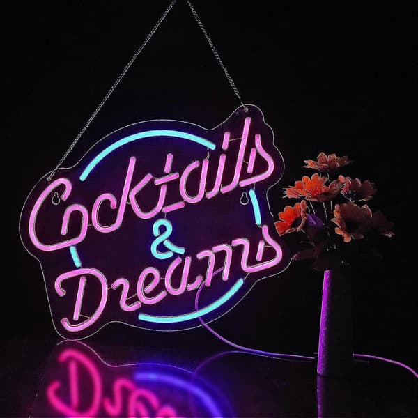 Cocktails And Dreams -neonkyltti seinäkoristeeksi, neonkyltit himmennettävällä kytkimellä, LED-neonkyltit makuuhuoneeseen, olutbaariin, neonvalokyltti