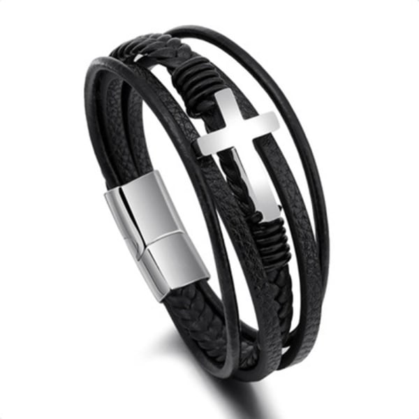 Stilrent Hög Kvalitets PU-Läder Kors Armband Silver 19CM