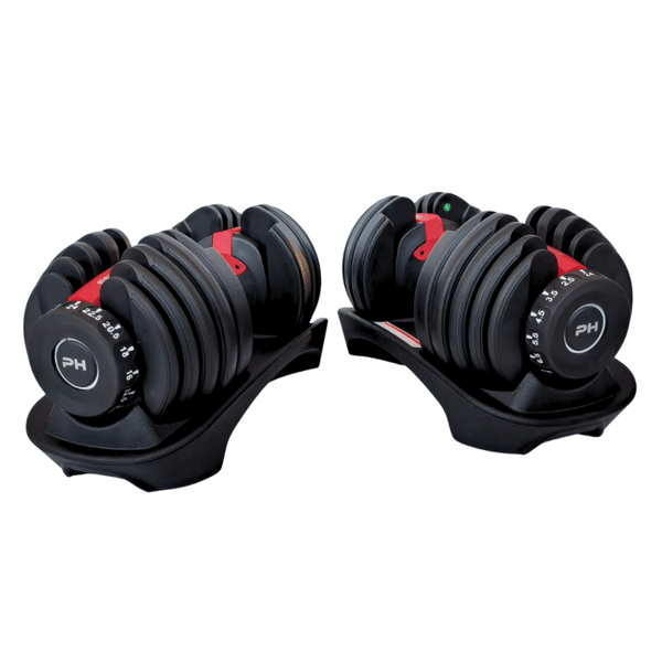 PH Fitness Justerbara Hantlar 24KG (2 st) – Röd/Svart Dumbells Hantelset - Justerbar Dumbbells - 15 Viktinställningar 2,5 - 24 kg / Fria Vikter