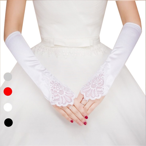 Womens Long Gloves Fingerless Embroidery Lace Trim Bridal Weddin Red