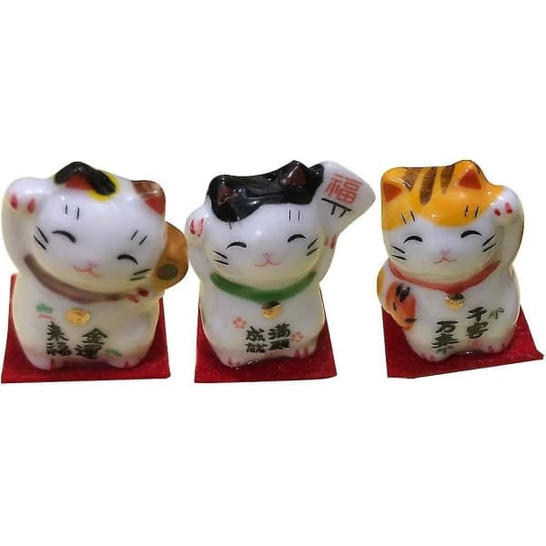 Sett med 3 Maneki Neko Vinkende Katt Japansk Lykkekatt Dekorativ Porselen Figur