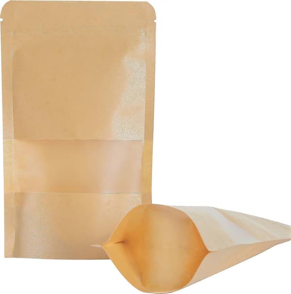 100 stk. Kraft Gjenlukkbare Ziplock Matoppbevaringsposer Mylar Folie Stå Opp Poser med Klar Front for Matredder, Urter, Hundegodbiter