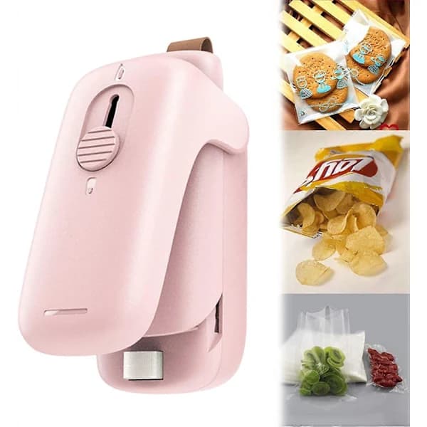 Mini poseforsegler og kutter 2-i-1 bærbar varmeforsegler for oppbevaringsposer til snacks med magnet, rosa