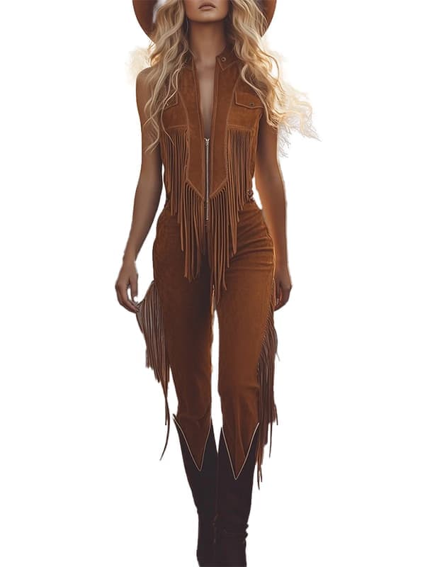 Vintage Western Suede Trim Brun Vest Jumpsuit Antrekk for Voksne brun