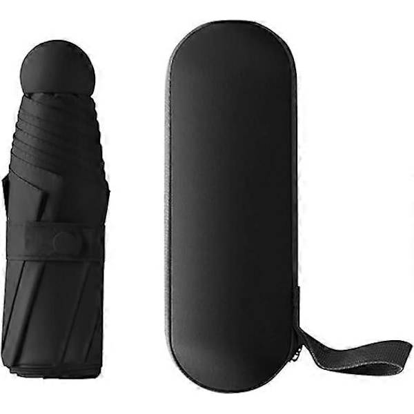 Sammenleggbar paraply, 6 ribber Mini paraply Liten paraply med kapsel etui Mini Anti-UV paraply Hurtigtørkende og ultralett kompakt (svart)