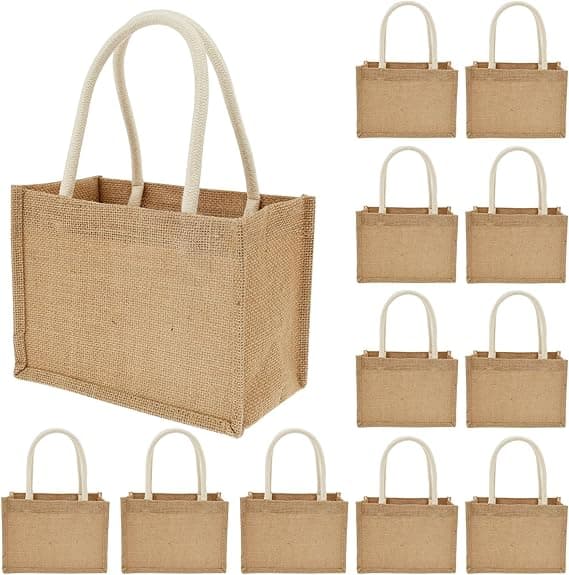 12 stk. genanvendelige muleposer i jute med håndtag, jute indkøbsposer, kvinder, bryllup, håndværk
