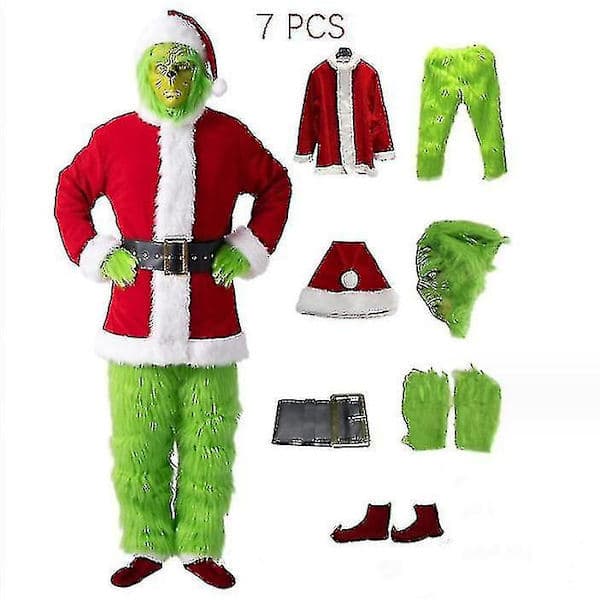 7-osainen Grinch-asu joulun cosplayhin aikuisille, joulupukkiasusetin + maskin A-WELLNGS maski vain maski vain maski 3XL