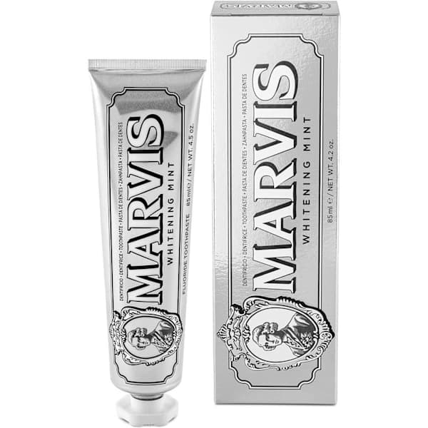 Marvis Whitening Tannkrem, Mintsmak, 85ml, fremmer naturlig tannbleking, bekjemper plakk, og gir langvarig frisk pust.