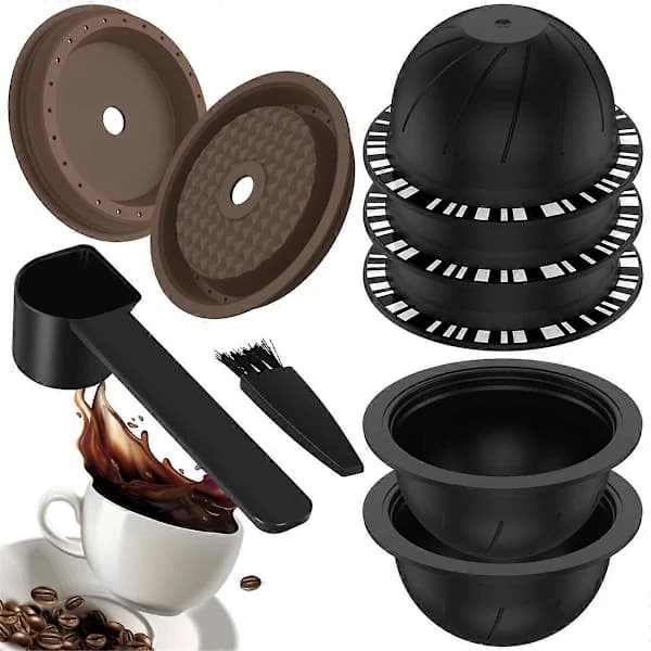 5 stk. Genanvendelige Vertuo-kapsler til Nespresso-maskine, kaffekapsel med 2 silikonelåg, 1 ske og børste