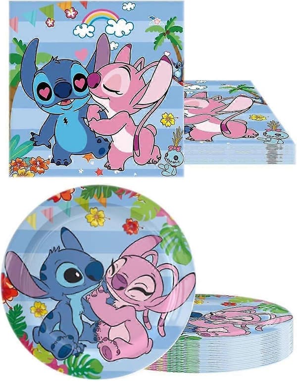 Stitch Fødselsdagsfest Tilbehør Stitch Fest Servisesæt Inkluderer 20 Tallerkener Og 20 Servietter Serverer 20 Gæster -Sy