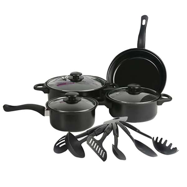 13-dele non-stick køkkengrejssæt med medicinsk stenbelægning, ergonomisk håndtag, madlavningssæt med mælkegryde, suppegryde, stegepande og kasserolle