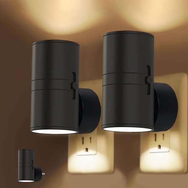 Nattlampe, lyssensor for energisparing, mykt varmt hvitt lys (3000K), enkel å plugge inn, sett med 2, for alle rom, svart