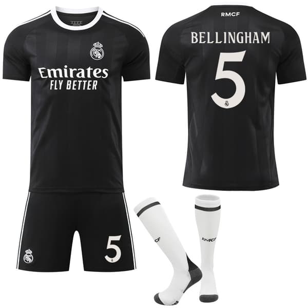25-26 Real Madrid Børn Voksen Sort Træningsfodboldtrøjesæt (Inkl. Strømper) Nr. 5 Bellingham-FA- Nr. 5 Bellingham