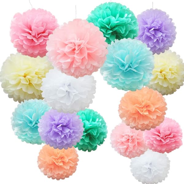 16 stk. blandede silkepapirspomponer, pomponer, blomster, håndlavede bryllupsfestdekorationer, bolde, farverig nuance (TC)