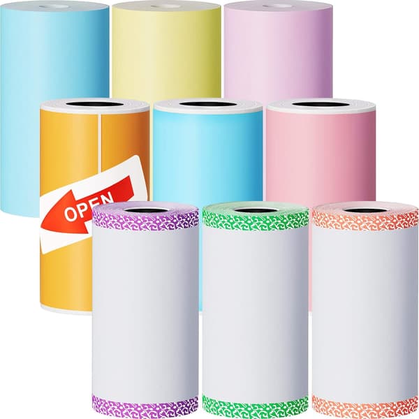 (9, Farverige) Termisk Printerpapir Mini Selvklæbende Udskrivbar Sticker Udskrivningspapirrulle Kompatibel med A6 P1 Serie Mini Printer