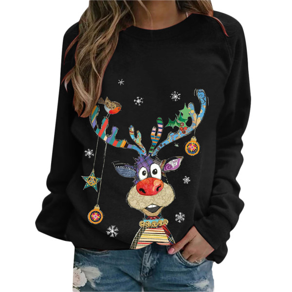 Vinter Jul Kvinnor Tröja Älg Tryck Långärmad Sweatshirt black L