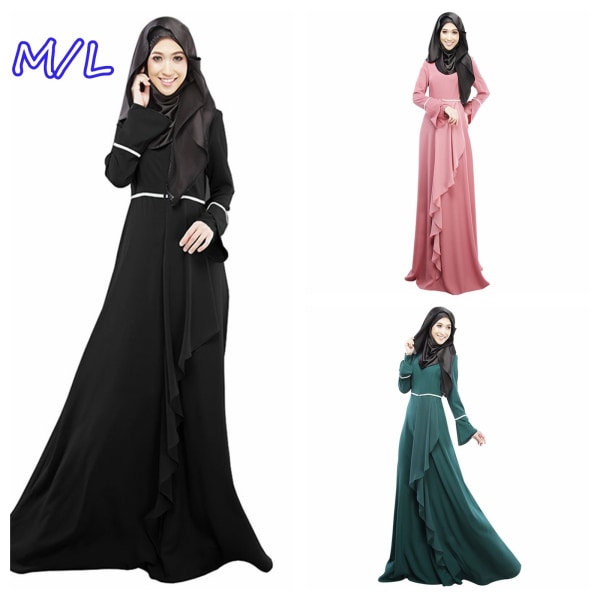 Ashion Muslim Women Long Sleeve Dress Ruffle Green L