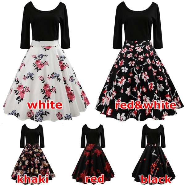 Autumn Casual Rockabilly Printed Vintage Dress Women Red&white M