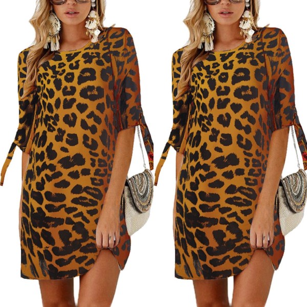 Autumn Leopard Print Bow Half Sleeve Dress Yellow M
