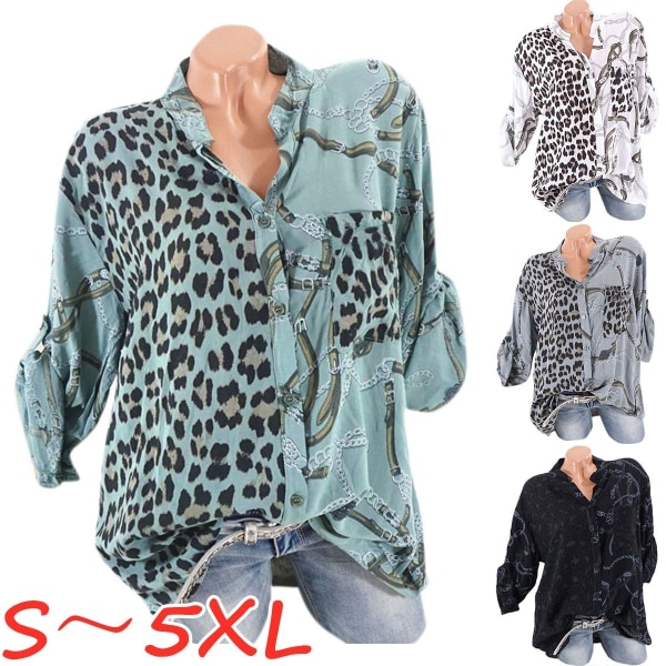 Autumn Women Casual Leopard Printing Splice Shirt Gray 2xl