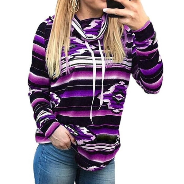 Autumn Women Turtleneck Print Striped Hoodie Sweatshirt Purple M