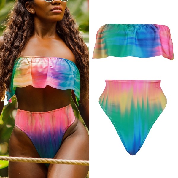 Colorful Print Tube Top Split Swimsuit Ruffle Multicolor L