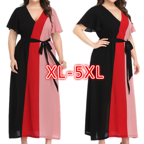 Elegant Women Color Patchwork Party Dress Large Black&red 5xl