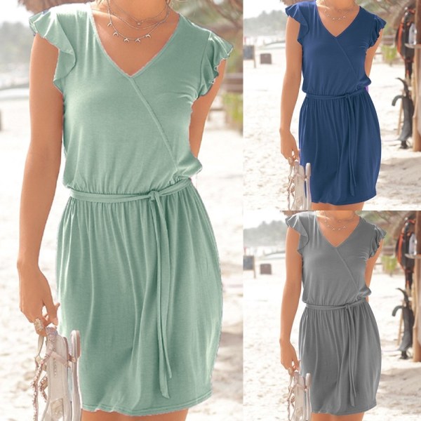 Fashion Women Summer Dress Ruffle Short Sleeve Blue L