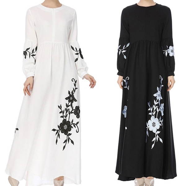 Floral Printed Long Sleeve Women Dress Islamic White S