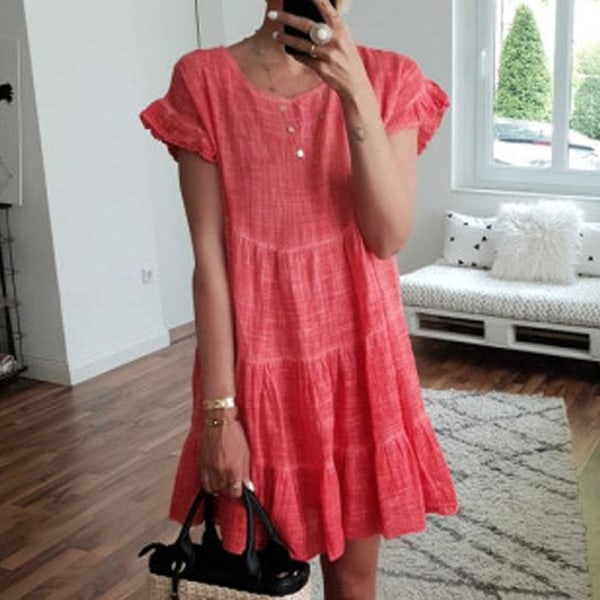 Kvinnor Pleated Ruffle Short Sleeve Dress Pink M