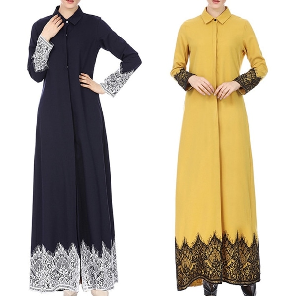 Muslin Islamic Abaya Women Lacework Button Down Navyblue M