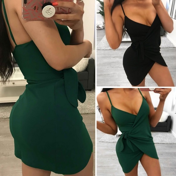 Sexy Women Spaghetti Strap Bodycon Dress Deep Green S