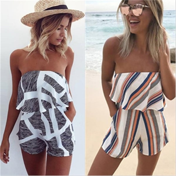 Summer Women Stripe Rompers Sexy Off Shoulder Grey&white Xl