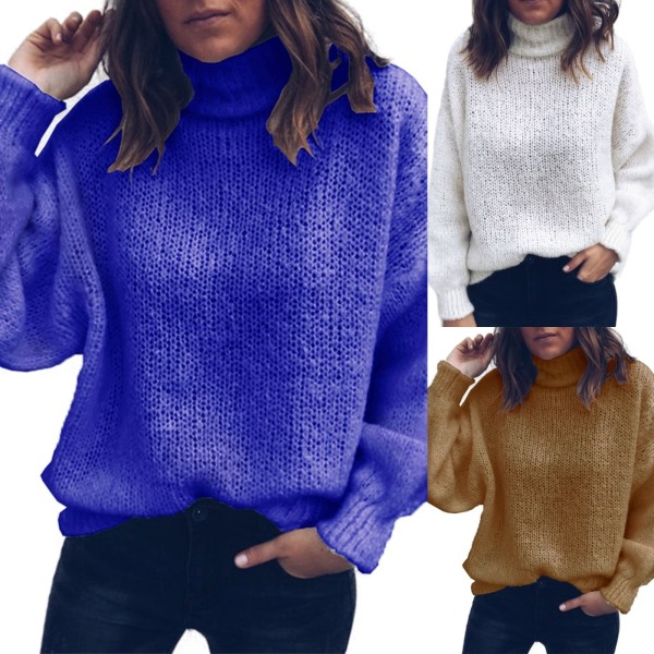 Winter Women Oversize Basic Knitted Turtleneck Sweater Blue Xl