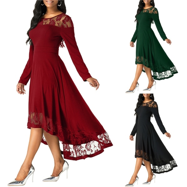 Women Elegant Solid Color Lace Embroidery Dress Long Winered 5xl