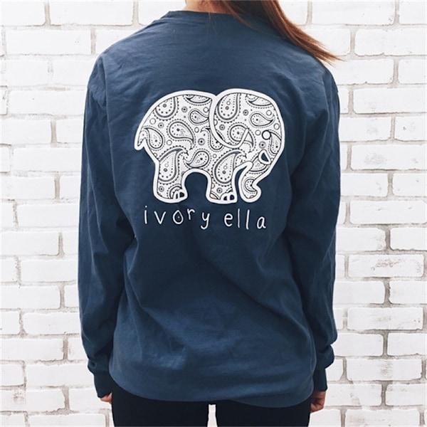 Women Elephant Printed T-shirt Female Autumn Navy Blue Xl