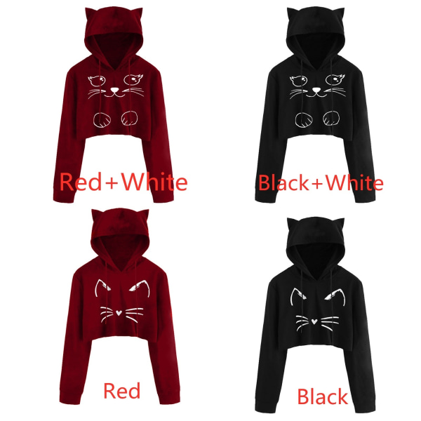 Women Girls Cute Sweatshirts Hoodie Crop Tops Red&white 2xl