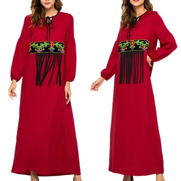 Women Long Sleeve Islamic Muslim Abaya Dress Red Xl