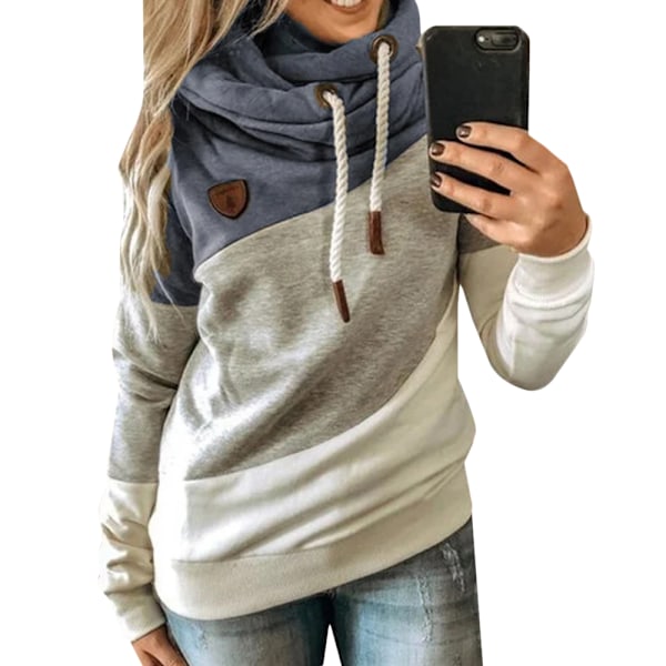 Women Loose Long Sleeve Hooded Casual Patchwork Pullover T-shirt Blue 3xl