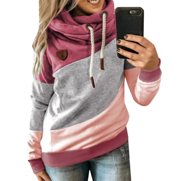 Women Loose Long Sleeve Hooded Casual Patchwork Pullover T-shirt Red 2xl