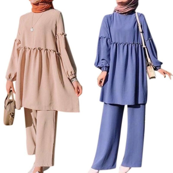 Women Muslim Islamic Long Sleeve Pleated Top Pants Set Abaya Khaki L