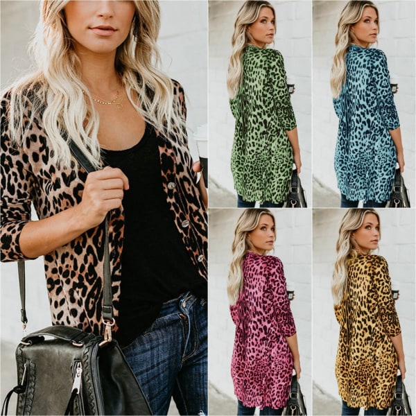 Women Sexy Leopard Printed Long Sleeve Slim Yellow Xl