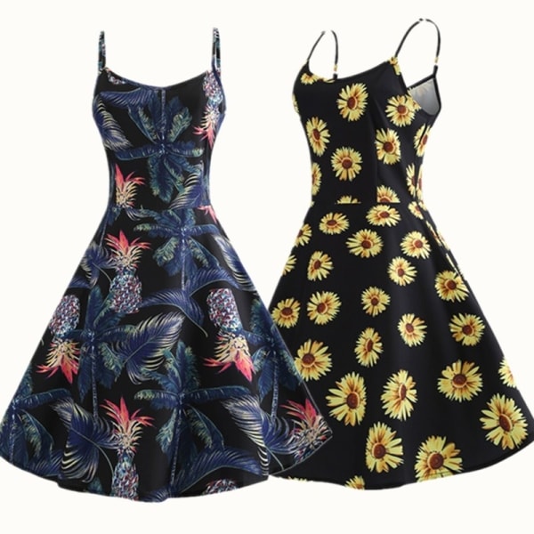 Women Sexy Spaghetti Strap Dress Vintage Floral Navyblue Xl