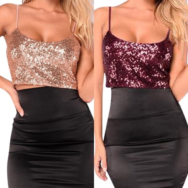 Women Spaghetti Strap Sequinned Solid Color Cami Red M