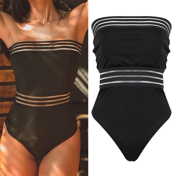 Women Striped Tube Top Swimsuit Sexy High Black L