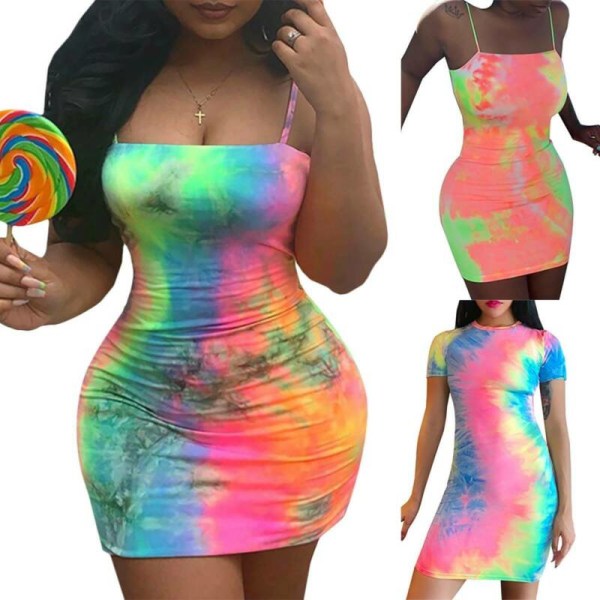Women Tie Dye Bodycon Mini Slip Dress Neon Casual Party Culb Multicoloured L