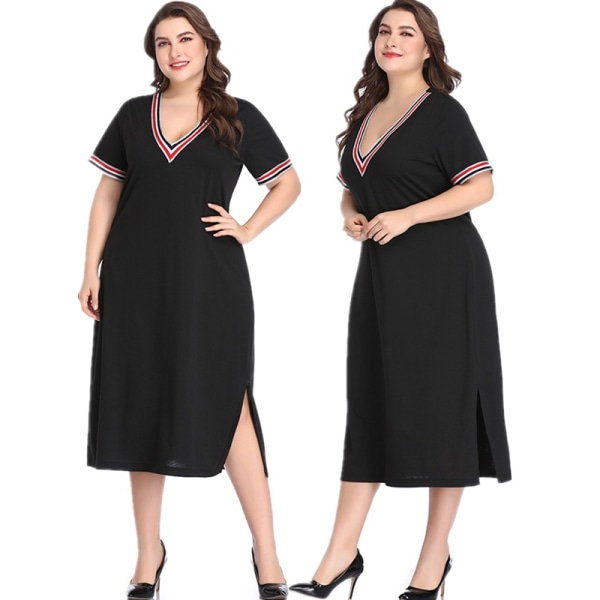Women V Neck Tunic Dresses Short Sleeve Black 3xl