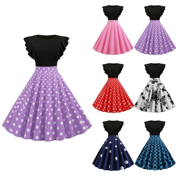 Women Vintage Polka Dot Ruffle Sleeve Dress Deepblue Xl